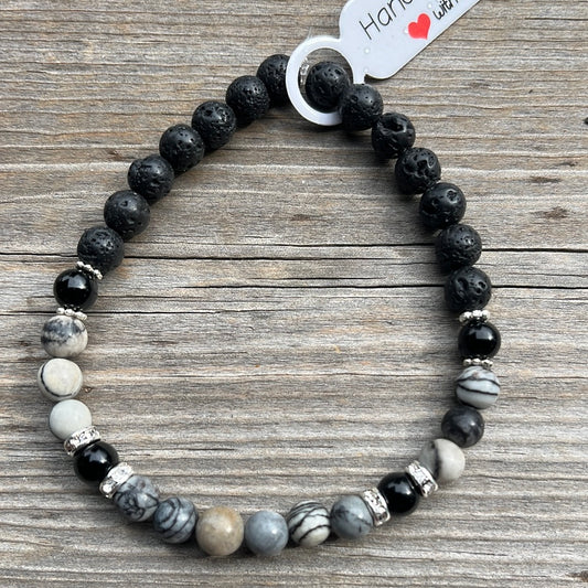 Black network agate, black agate and lava stone crystal bracelet - 7.5”.