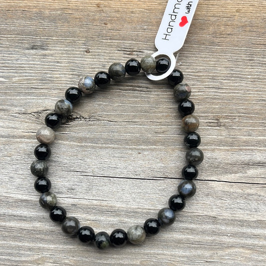 Glaucophane and black agate crystal bracelet - 7.5”.