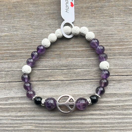 Amethyst, Agate and Lava Stone Crystal Bracelet - 7” peace sign