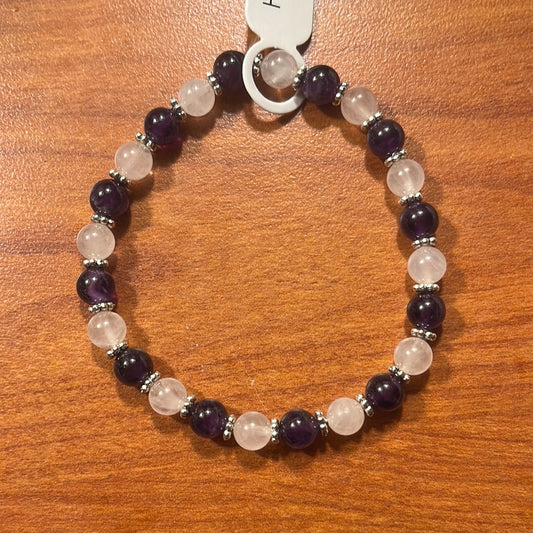 Amethyst and Rose Quartz crystal bracelet - 7”.