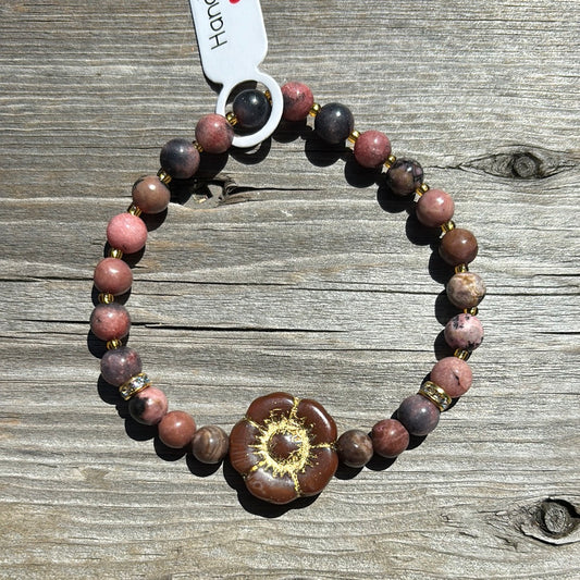Rhodonite crystal bracelet - 7” brown flower