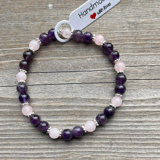 Amethyst and Rose Quartz Crystal Bracelet - 7”