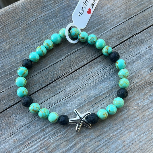 Turquoise and Lava Stone Crystal Bracelet- 7.5”