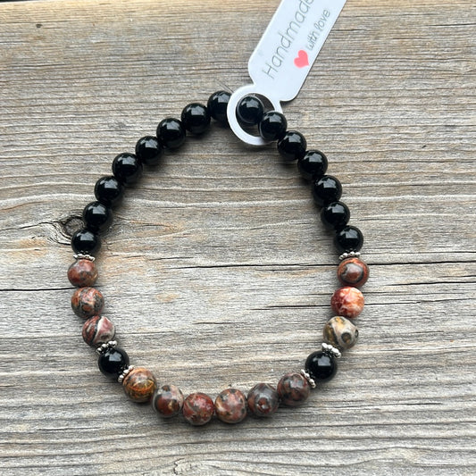 Leopard skin Jasper and black agate crystal bracelet - 7”.