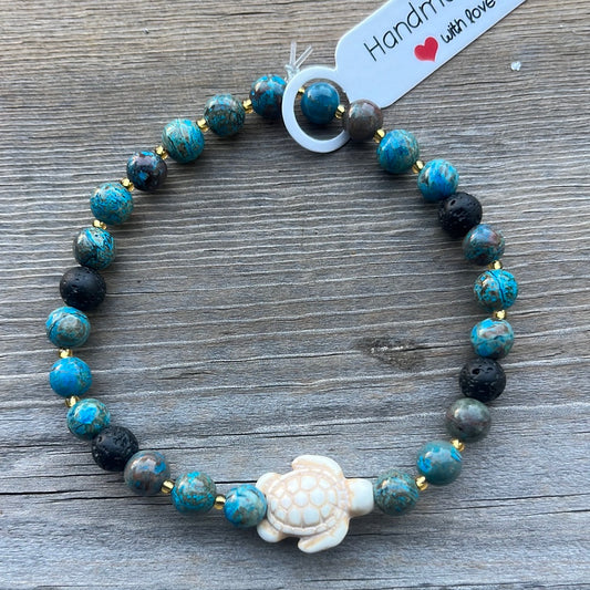 Chrysocolia and Lava Stone Crystal Bracelet- 7.5” turtle