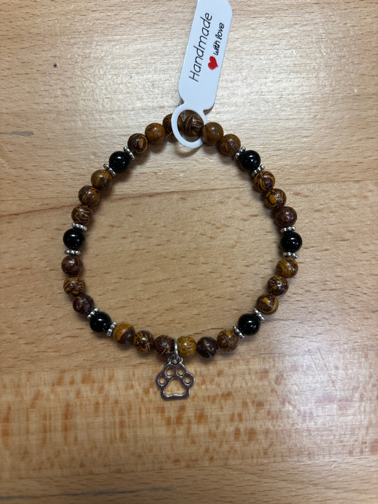 Elephant jasper and black agate crystal bracelet -7.5” animal paw