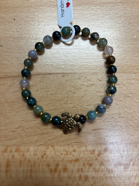 Fancy jasper crystal bracelet- 7.5” silver turtle