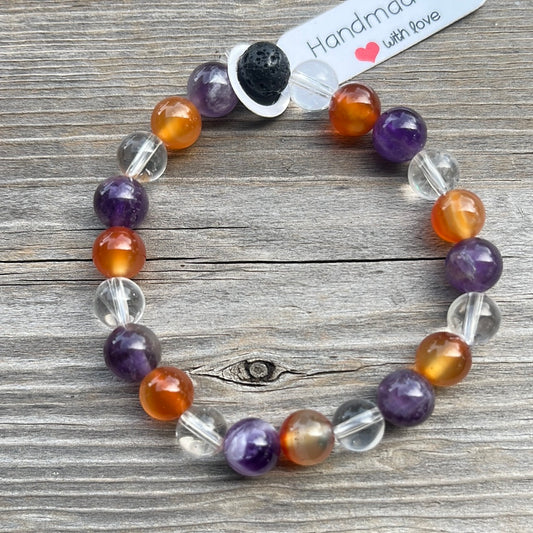 Amethyst, Clear Quartz, Carnelian and Lava Stone Crystal Bracelet - 7”.