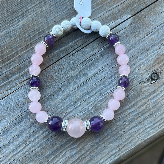 Rose Quartz, Amethyst and Lava Stone Crystal Bracelet - 7”.