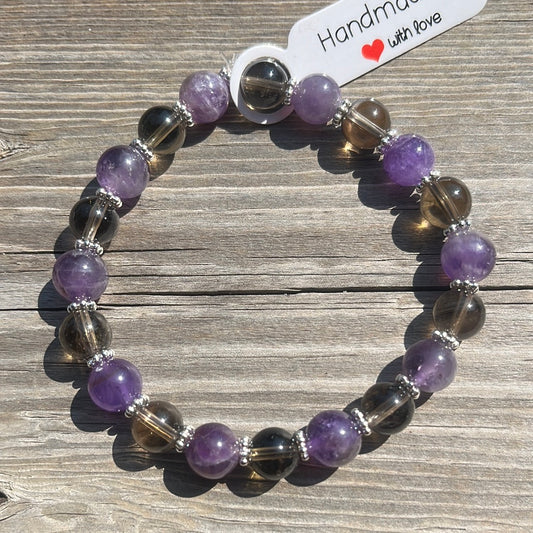 Amethyst and Smoky Quartz Crystal Bracelet-7 1/4”.