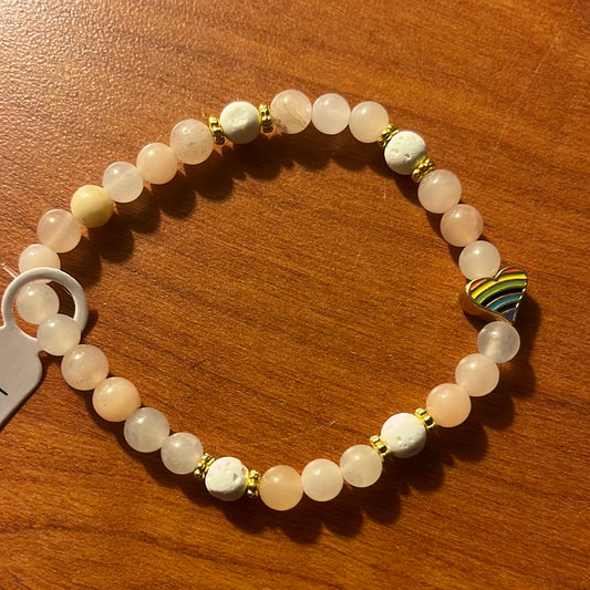 Pink Opal and lava stone crystal bracelet - 7.5” pride heart