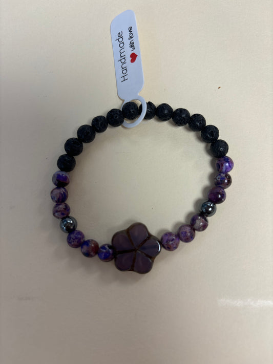 Imperial jasper, hematite and lava stone crystal bracelet - 7” purple flower