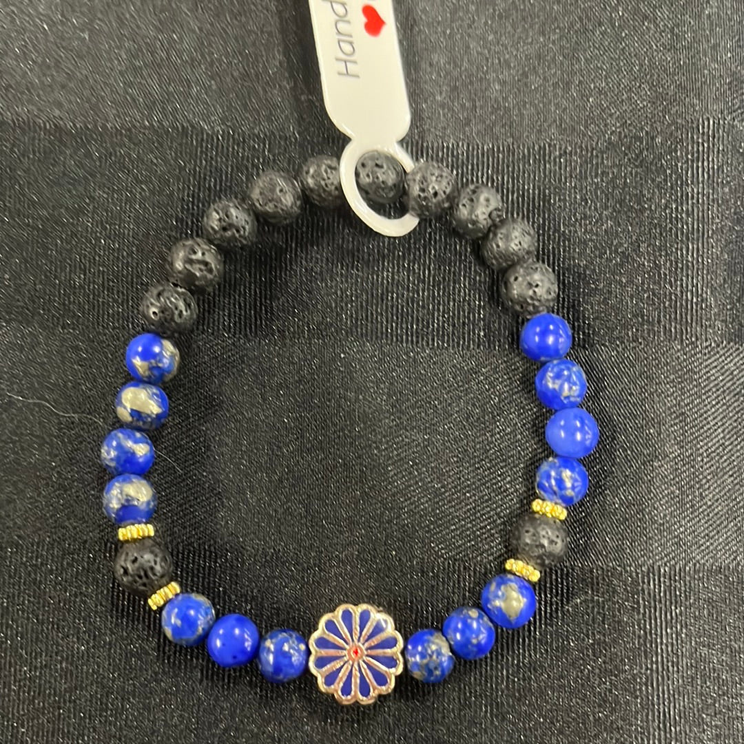 Lapis Lazuli (reconstituted) and lava stone crystal bracelet - 7”. Blue flower