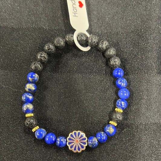 Lapis Lazuli (reconstituted) and lava stone crystal bracelet - 7”. Blue flower