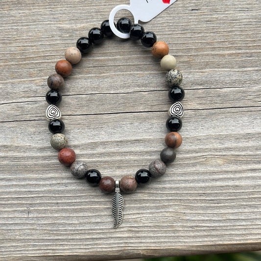 Jasper and agate crystal bracelet - 7”. Feather & hearts