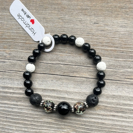 Agate, glow in the dark glass and lava stone crystal bracelet - 6.5”