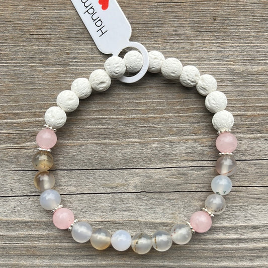 Scenic Agate, Rose Quartz and lava stone crystal bracelet - 7”