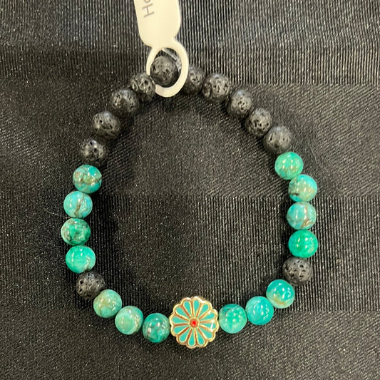 Dark Cyan Marble and Lava Stone Crystal Bracelet - 7”.
