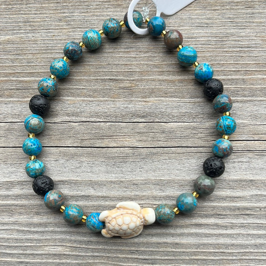 Chrysocolia, lava stone and turquoise turtle crystal bracelet - 7.5” turtle