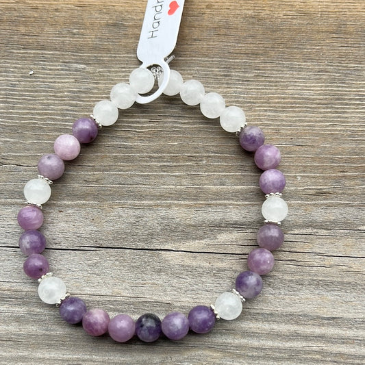 Purple Mica and white jade crystal bracelet - 7.5”.