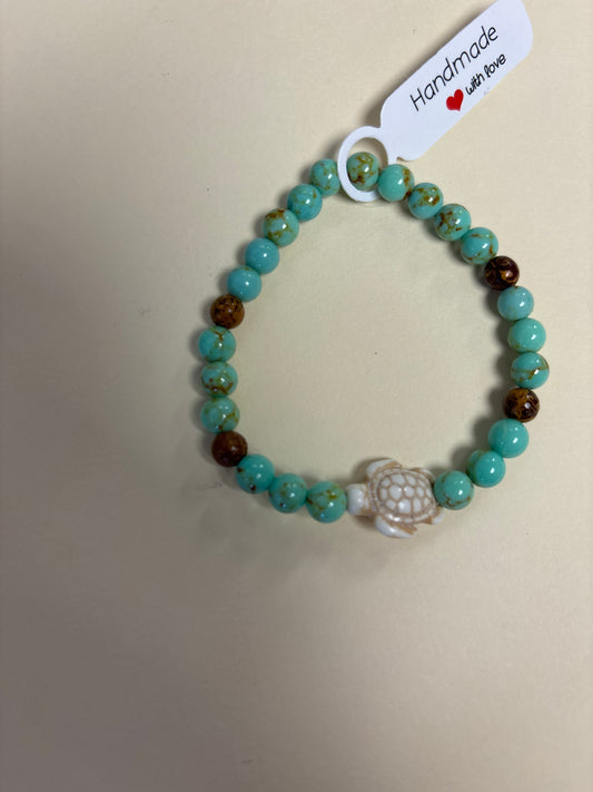 Turquoise and elephant jasper crystal bracelet - 7” white turtle
