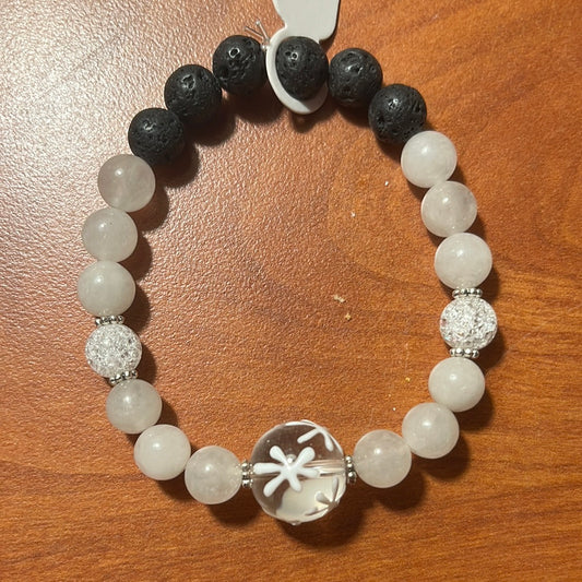 White quartz, crackle quart and lava stone crystal bracelet - 7” snowflake ball