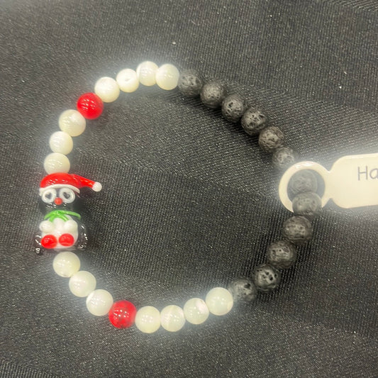 Mother of Pearl, red turquoise and lava stone crystal Christmas bracelet - 7.5” penguin