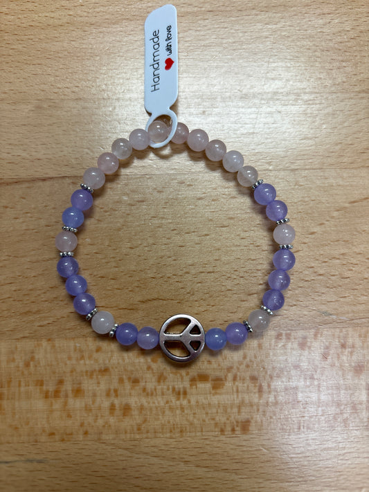 Purple and rose quartz crystal bracelet - 7.5” peace sign