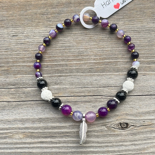 Agate, Black Jasper and Lava Stone Crystal bracelet - 7”. Feather