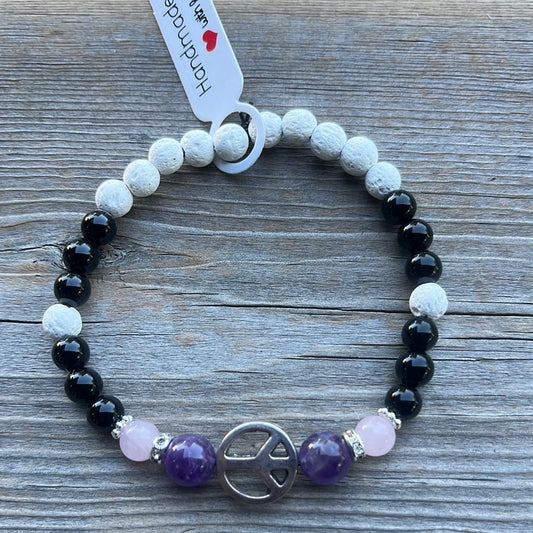 Amethyst, Rose Quartz, Agate and Lava Stone Crystal Bracelet - 7.5” peace sign