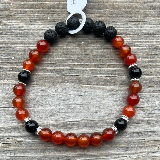 Red and black agate and lava stone crystal bracelet - 7”.