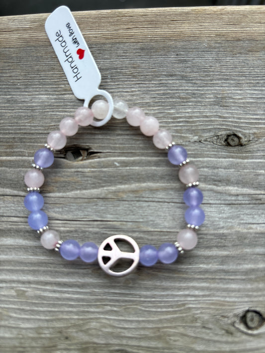 Amethyst and rose quartz crystal bracelet - 6.5” peace sign