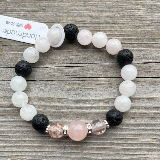 Rose Quartz, glow in dark glass and Lava Stone Crystal Bracelet - 7”