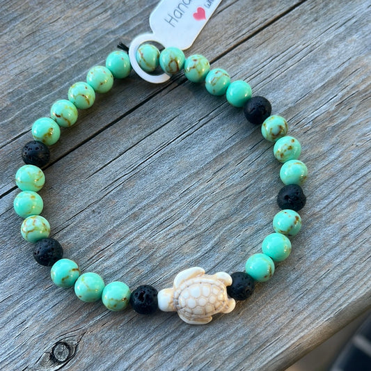 Turquoise and Lava Stone Crystal Bracelet- 7.5” turtle