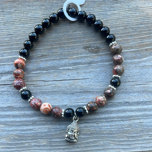 Leopard Jasper and Agate Crystal Bracelet - 7.5”. Buddha head