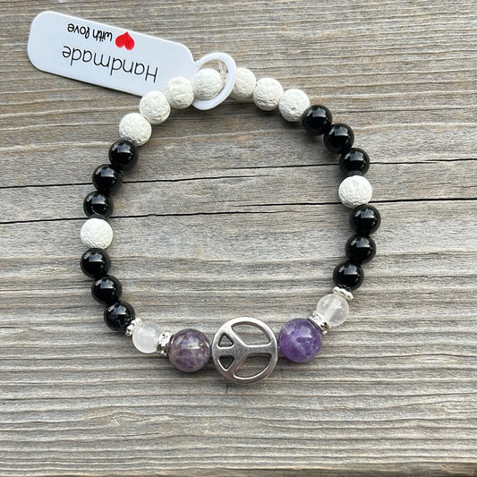 Amethyst, Rose Quartz, Agate and Lava Stone Crystal Bracelet - 7” peace sign