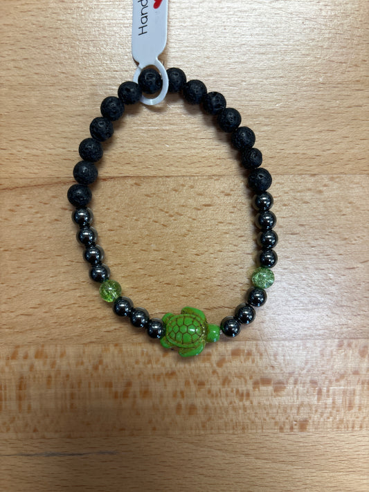 Hematite, green quartz and lava stone crystal bracelet- 7.5” green turtle