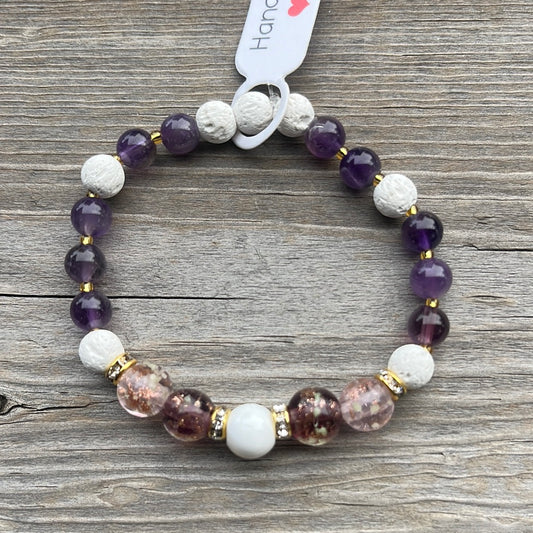 Shell, glow in dark glass, Lava stone and Amethyst crystal bracelet - 6.5”