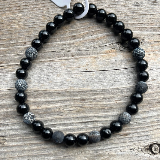 Weathered agate and black agate crystal bracelet - 7.5”