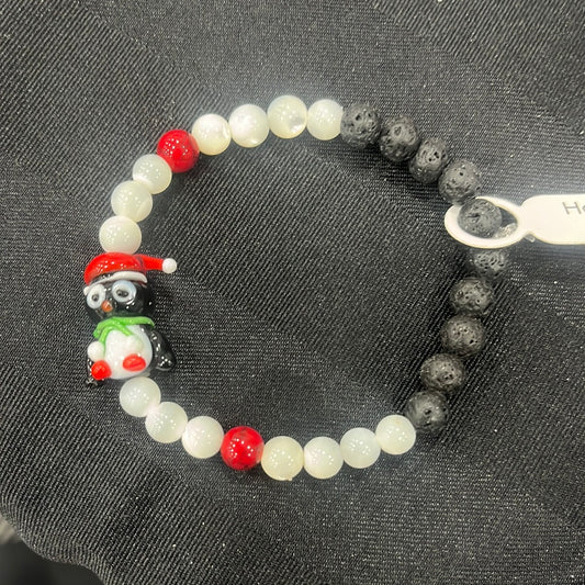 Mother of Pearl, red turquoise and lava stone crystal Christmas bracelet - 7” penguin