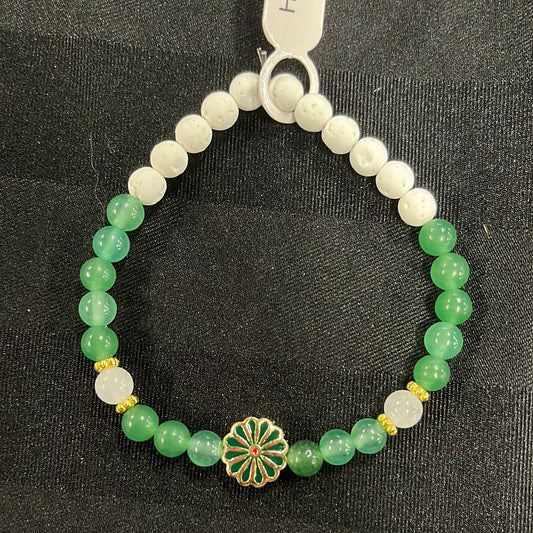 Aventurine, white Jade and Lava Stone Crystal Bracelet - 7.5”