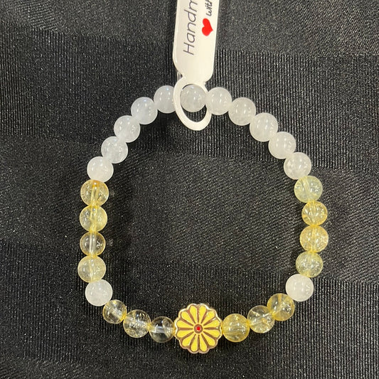 Citrine and White Jade Crystal Bracelet - 7”. Yellow flower