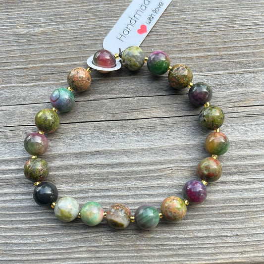 Ruby Kyanite and Unakite Crystal Bracelet - 7”