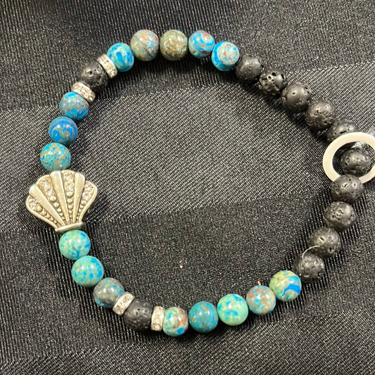 Chrysocolla and lava stone crystal bracelet - 7.5” silver seashell