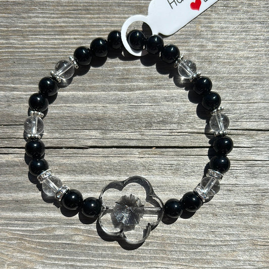 Black Agate and Clear Quartz crystal bracelet - 7”