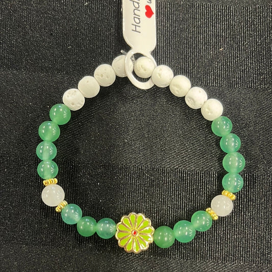 Aventurine, white Jade and Lava Stone Crystal Bracelet - 7” lime green flower