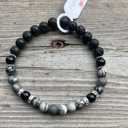 Black network agate, black agate and lava stone crystal bracelet - 7”.