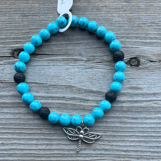 Turquoise and Lava stone crystal bracelet -7” dragonfly