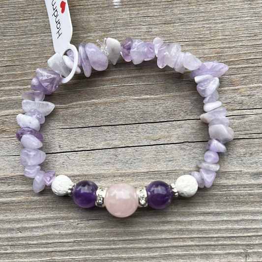 Rose Quartz, Amethyst, Lava Stone and Jade Crystal Bracelet - 7”