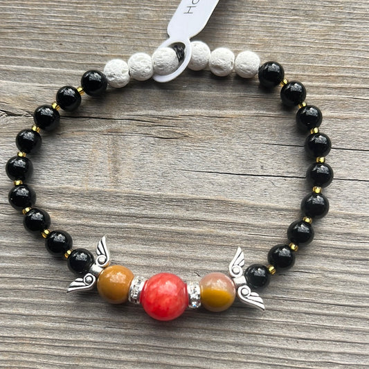 Quartzite,Mookite, Agate and Lava Stone Crystal Bracelet-7.5” angel wings